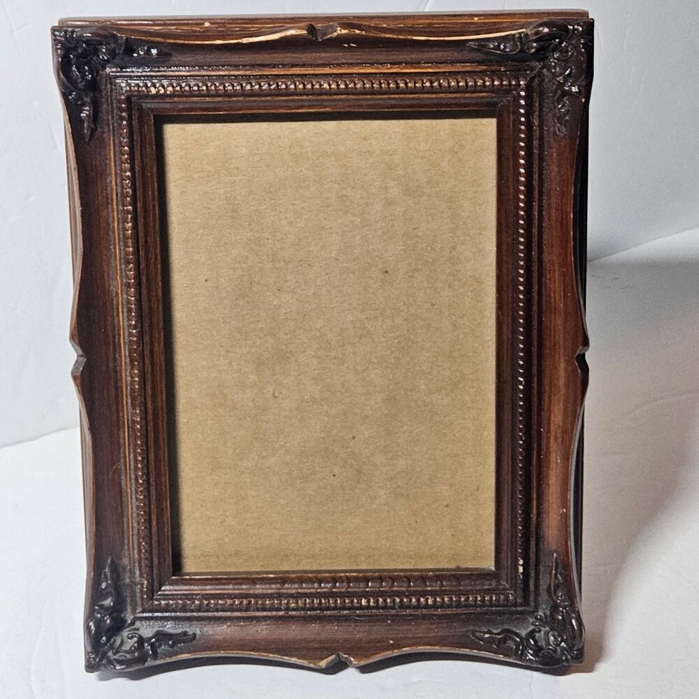Vintage Ornate Carved Dark Wood 5x7 Picture Frame - Scroll Corner Detail